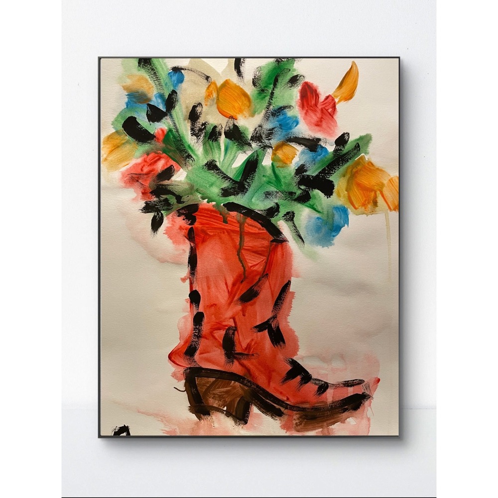 OMAN Original Painting Wild West Bloom Red Cowboy Boot Floral Art 11x14 Paper
